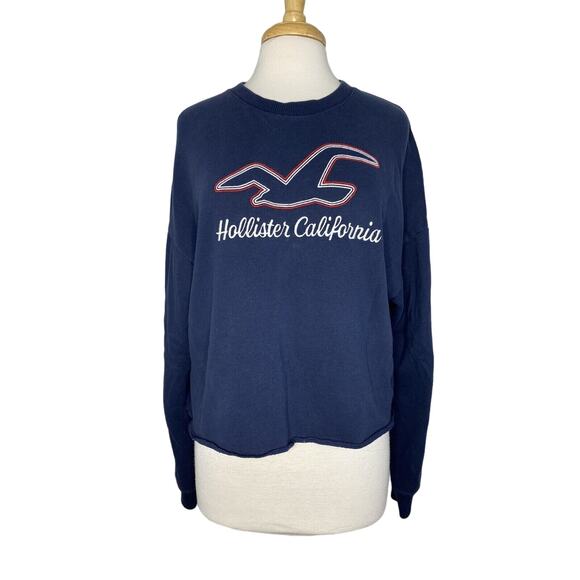 HOLLISTER California Outline Crop Navy Blue Sweatshirt Large Relaxed Logo Fleece - Picture 1 of 10